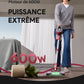 Woman using a vacuum cleaner with text highlighting 600W power and cleaning capabilities.