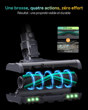 Infographie publicitaire au fond sombre présentant en gros plan la tête de balai d'un aspirateur. Le texte principal annonce : « Une brosse, quatre actions, zéro effort. Résultat : une propreté visible et durable ». La structure interne de la tête de balai, de couleur sombre, est mise en évidence par des lumières LED vertes. Au centre, un motif lumineux bleu illustre quatre vortex tournoyants, symbolisant le principe de nettoyage « quatre actions ». 