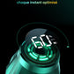 Appareil technologique cylindrique futuriste sur fond noir. Son interface affiche les indications "60%", "min" et une icône de batterie, entourées d'un halo de lumière bleu-vert. Le slogan "Chaque minute affichée, chaque instant optimisé" est visible au-dessus de l'appareil. La scène évoque la précision et l'optimisation des performances.