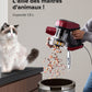 Pet hair removal device with a cat and a person using it, on a neutral background.