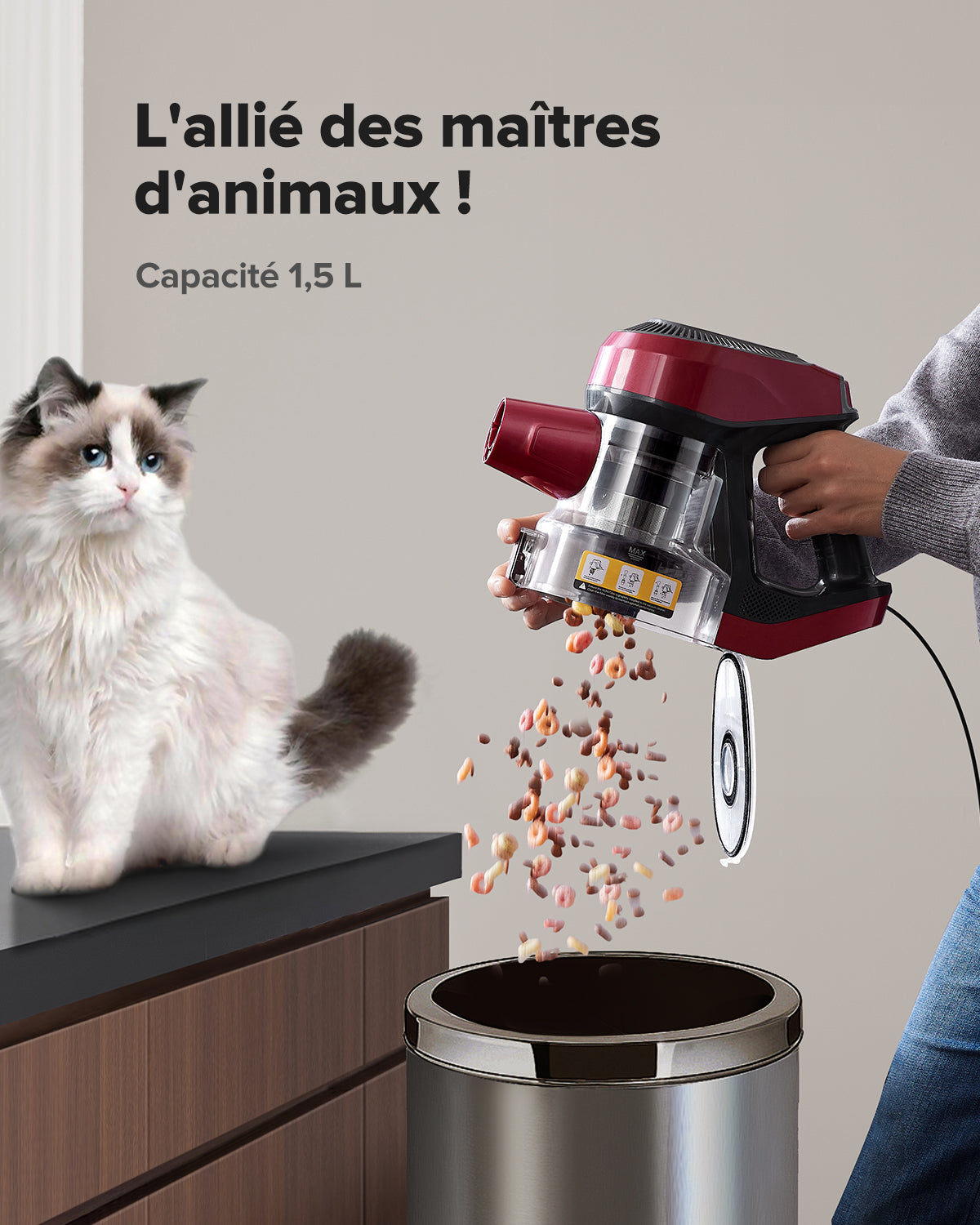 Pet hair removal device with a cat and a person using it, on a neutral background.