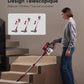 Person using a telescopic vacuum cleaner on stairs with a focus on its design.