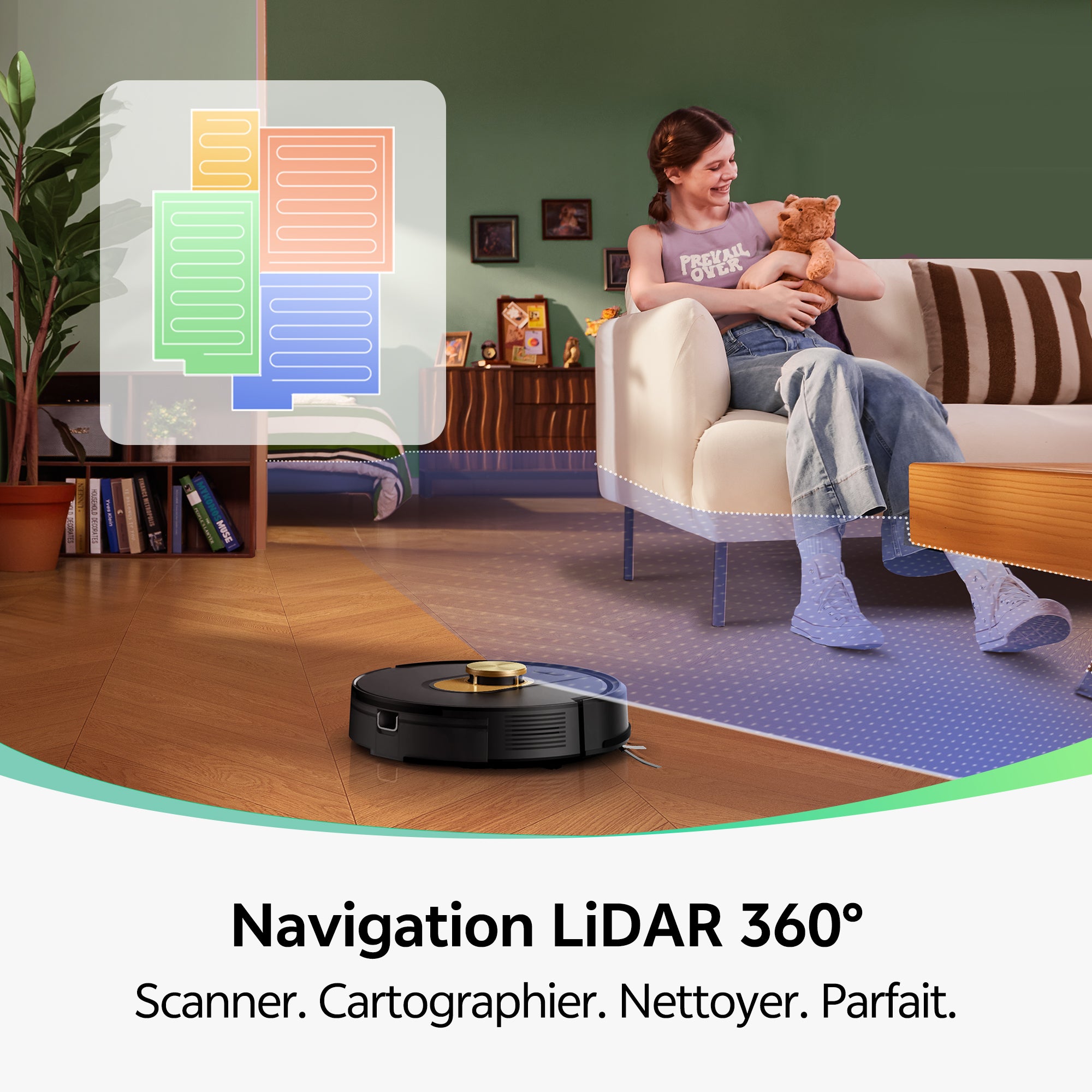 Robotic vacuum cleaner cleaning a living room with a woman sitting on a couch holding a teddy bear.
