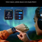 Une femme aux cheveux bruns, portant un casque audio, utilise son Apple Watch pour contrôler son robot aspirateur Cleanova W15. L'écran de la montre affiche l'application Cleanova avec les modes 'Standard' et 'Custom'. Un agrandissement de l'interface montre les réglages de puissance d'aspiration et de flux d'eau. Le texte principal indique 'Compatible Apple Watch - Votre maison, pilotée depuis votre Apple Watch' sur un fond bleu-vert abstrait évoquant une aurore boréale.