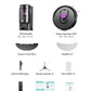 Diagramme du contenu de l'emballage pour le robot aspirateur Cleanova W15 GreenBin. Le contenu est disposé en grille sur fond blanc : le robot circulaire noir (306×306×98 mm) posé sur sa station de vidange automatique noire (190×202×372 mm), un support de serpillière, deux serpillières grises, un outil de nettoyage, deux brosses latérales, deux filtres HEPA, une télécommande avec piles, un Guide de Démarrage et une Notice d'utilisation