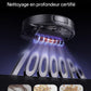 Publicité pour le robot aspirateur Cleanova mettant en avant sa puissance d'aspiration de 10000 Pa, certifiée pour un nettoyage en profondeur. Des icônes en bas de l'image illustrent son efficacité sur les cheveux, les céréales et les croquettes.
