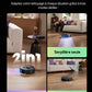 Infographie présentant les 3 modes de nettoyage du robot aspirateur Cleanova dans un intérieur domestique. Le robot est montré sur un parquet avec canapé et table. Les modes illustrés sont : 'Serpillère seule' (icône de goutte d'eau), 'Aspiration & Serpillère' (icône combinant vent et goutte) et 'Aspiration seule' (icône de vent). Le titre principal indique 'Adaptez votre nettoyage à chaque situation'.