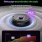 Publicité pour le robot aspirateur intelligent Cleanova. Le robot gris foncé, avec un bouton violet, nettoie une moquette grise, entouré d'effets visuels bleus illustrant la puissance d'aspiration. Le texte principal proclame "Boost automatique sur tapis" et "Nettoyage en profondeur des tapis", mettant en avant un taux d'élimination de la poussière de 99,2% sur les tapis. Un graphique en bas de l'image compare visuellement la puissance d'aspiration (en Pa) entre les sols durs et les tapis, confirmant les pe