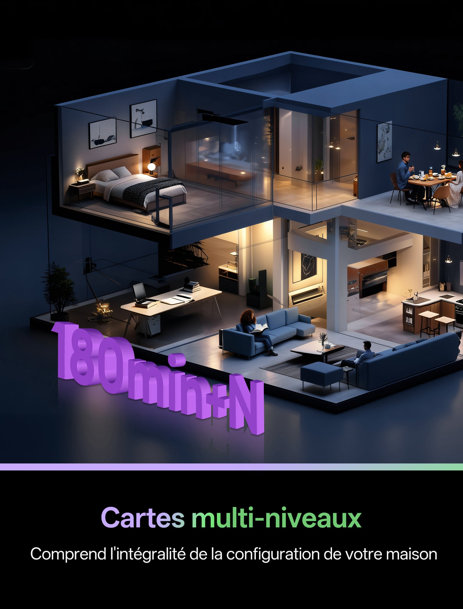 Représentation schématique d'une maison à plusieurs niveaux avec un robot aspirateur. Des flèches et des tracés de navigation illustrent la capacité de l'appareil à créer et mémoriser des cartes distinctes pour chaque étage. Le texte met en avant l'autonomie de 180 minutes (180min+N) et la gestion multi-niveaux, garantissant une couverture intégrale de l'habitation.