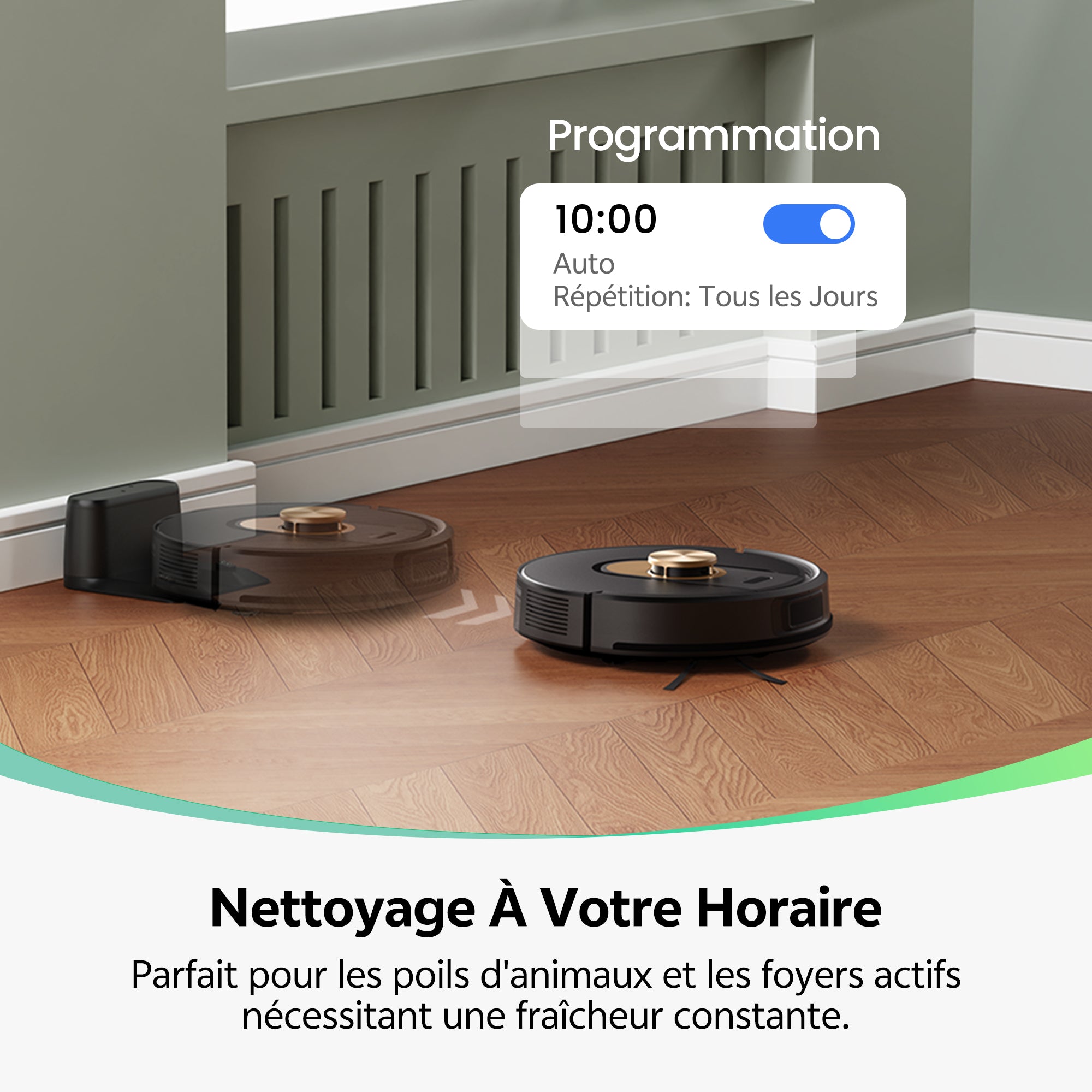 Two robotic vacuums cleaning a wooden floor with scheduling interface displayed.
