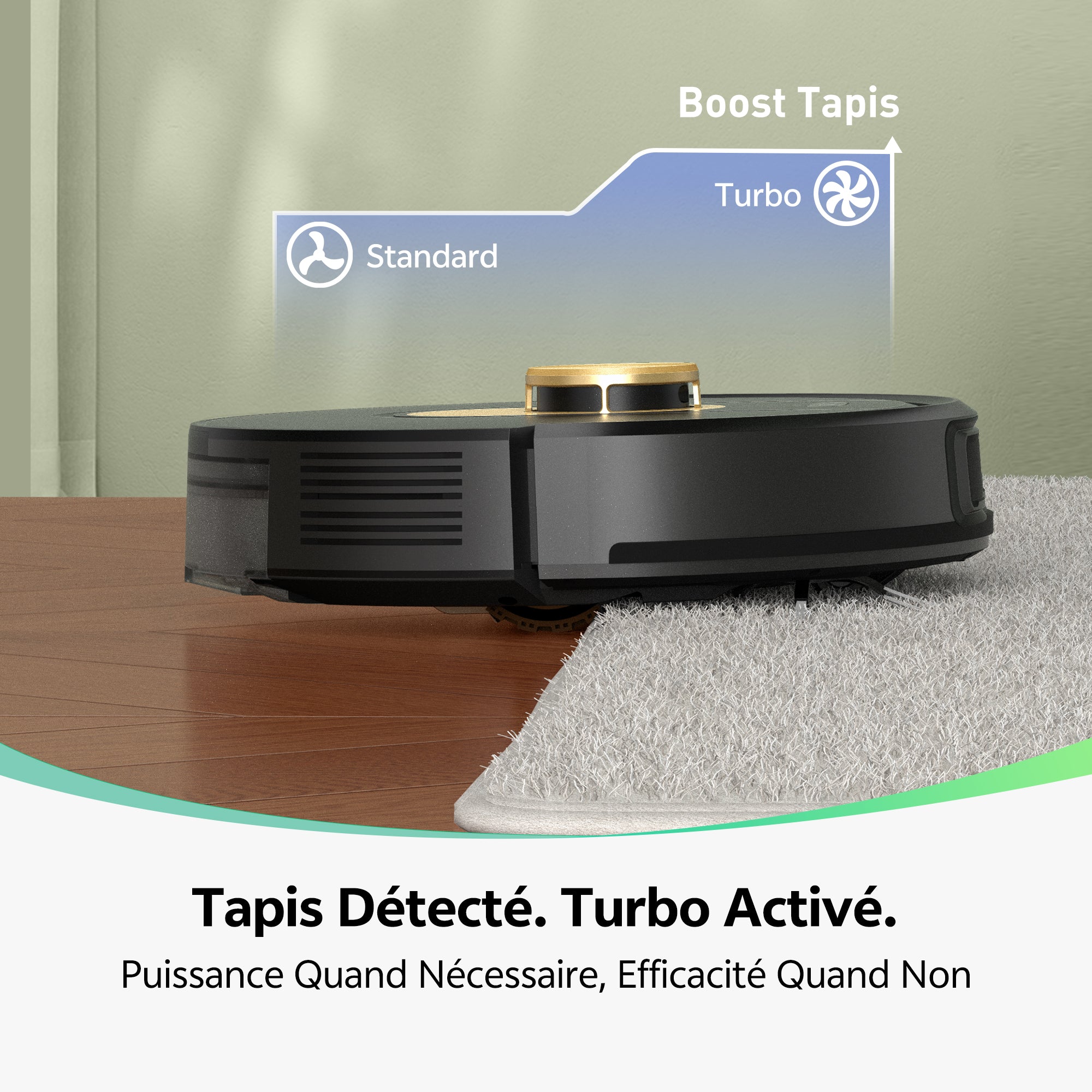 Robot vacuum cleaner on a carpet with text indicating 'Carpet Boost' and 'Turbo' modes.