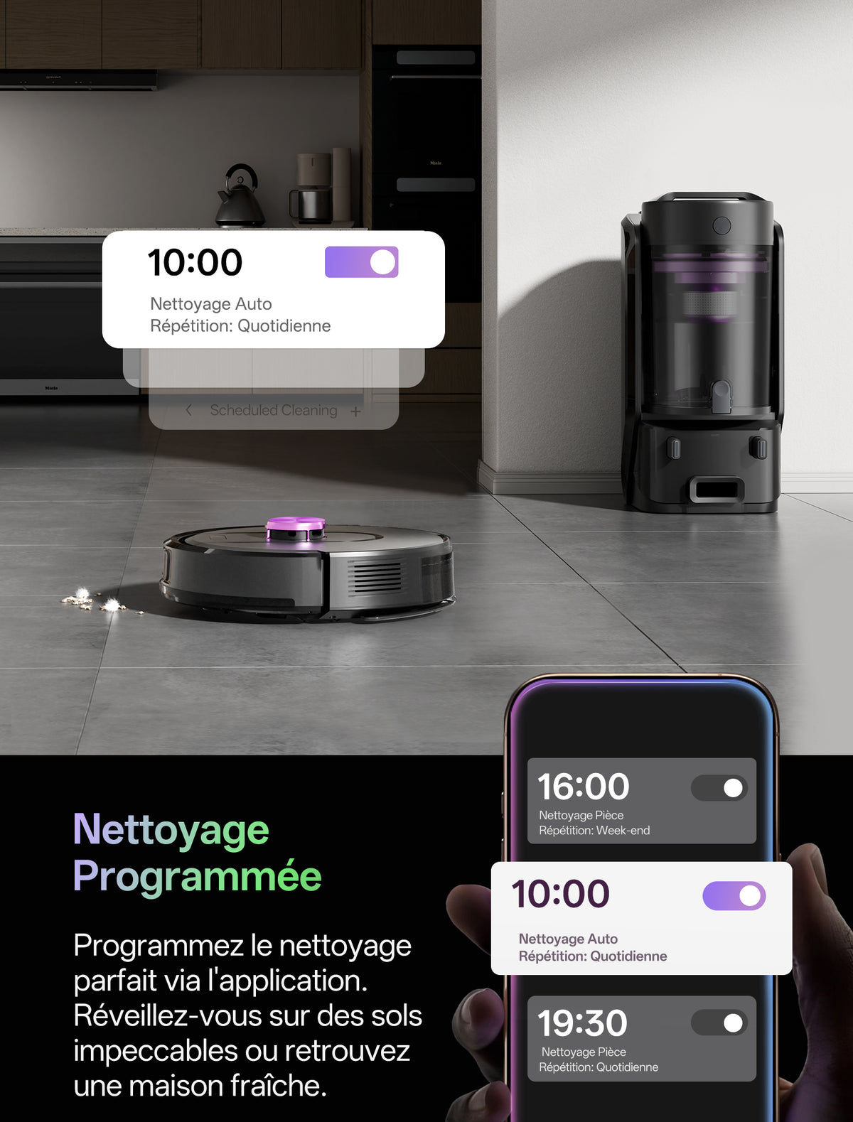 Robot aspirateur circulaire gris argenté nettoyant un sol carrelé moderne, à côté de sa station de charge noire. Une main tient un smartphone affichant l'application de contrôle avec des tâches de nettoyage programmées (10h00 et 19h30). Texte principal : 'Nettoyage Programmée' - mise en avant de la planification via l'application pour des sols impeccables.