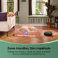 Living room with a dog on a mat, robot vacuum cleaner, and text about pet-friendly mode.