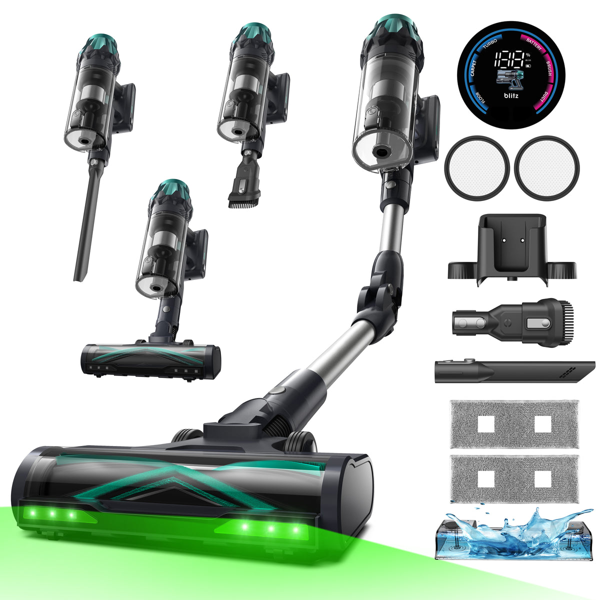 Produit principal : un aspirateur balai sans fil noir avec des accents verts lumineux et un éclairage, montré avec son tube et sa brosse principale. À côté, les accessoires sont présentés de manière éclatée : deux brosses supplémentaires, un écran de contrôle électronique, deux filtres ronds, une station de charge, un outil pour les interstices, une brosse plate, deux éponges filtrantes lavables et un réservoir à poussière/d'eau transparent illustré avec des éclaboussures.